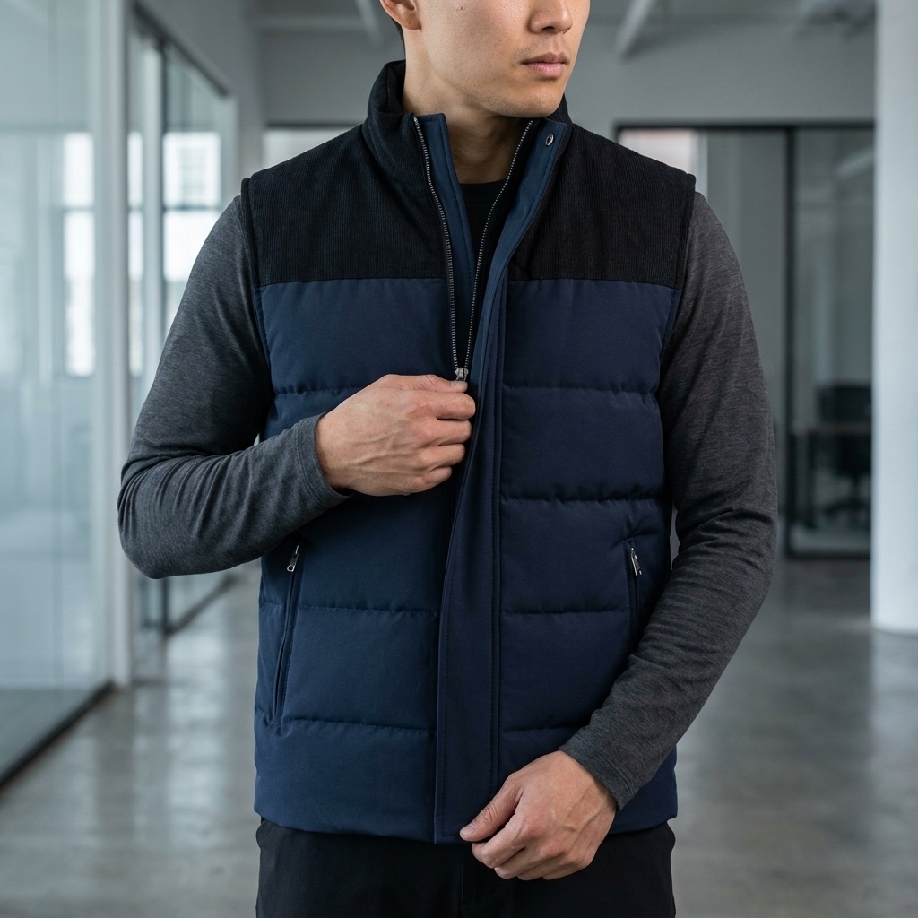 Close view of a navy padded vest worn over a grey knitted long-sleeve top
