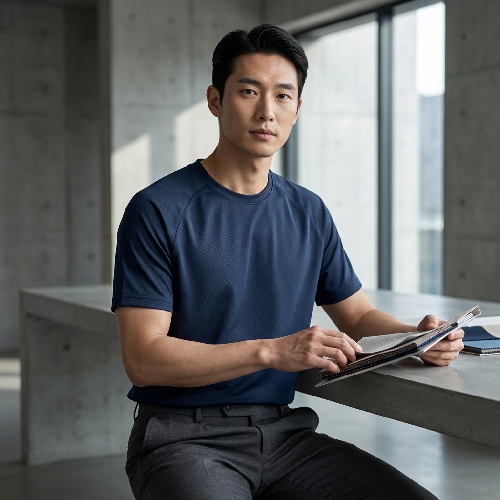 Man in a navy performance T-shirt reviewing a folder of fabric swatches