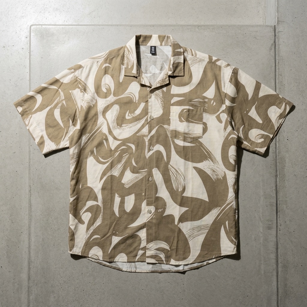 Printed short-sleeve camp-collar shirt laid flat on a concrete surface