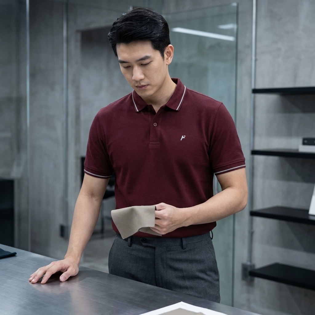 Man wearing a burgundy tipped-collar piqué polo shirt