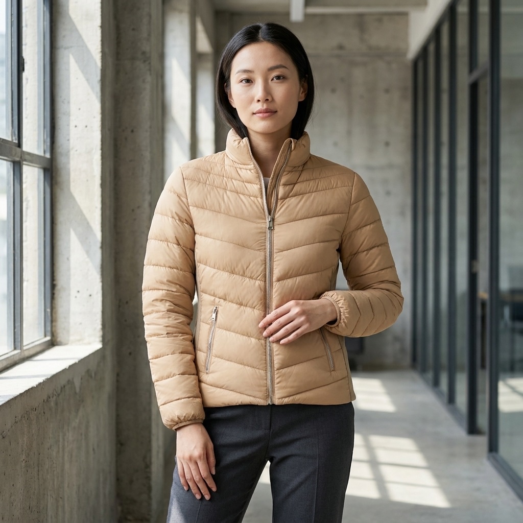 Woman wearing a camel lightweight quilted puffer jacket