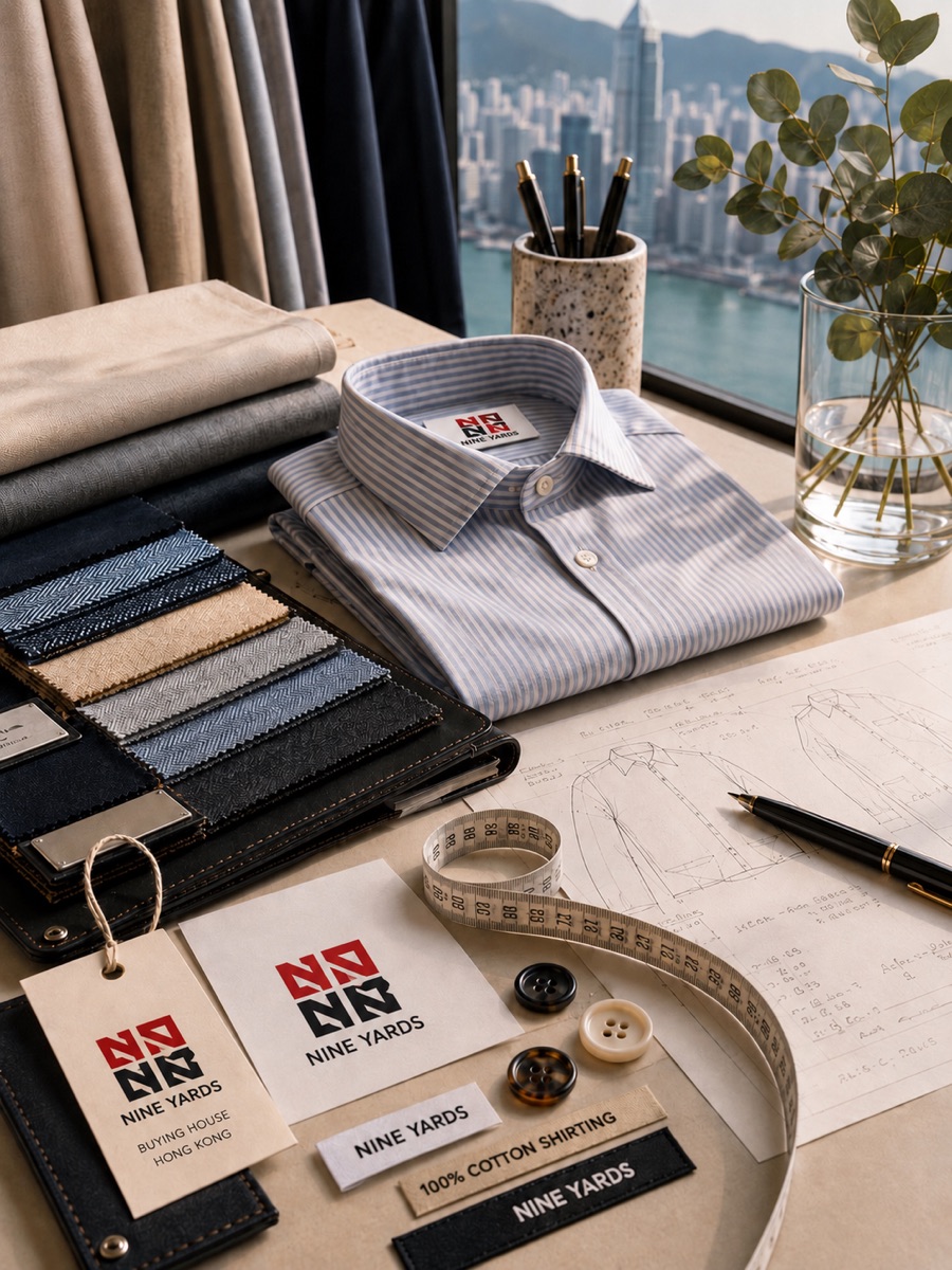 Fabric swatches, shirting samples and development notes on a work table