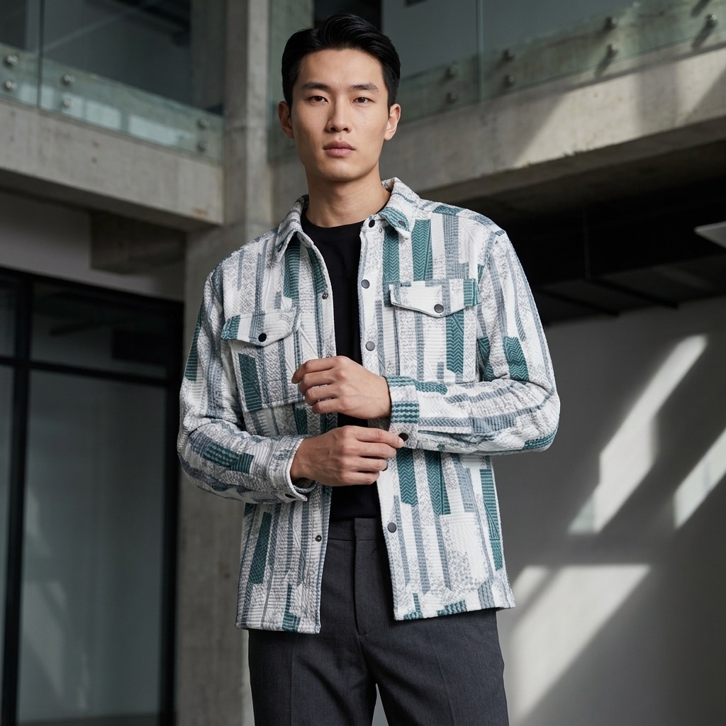 Man wearing a patterned green and white overshirt outdoors