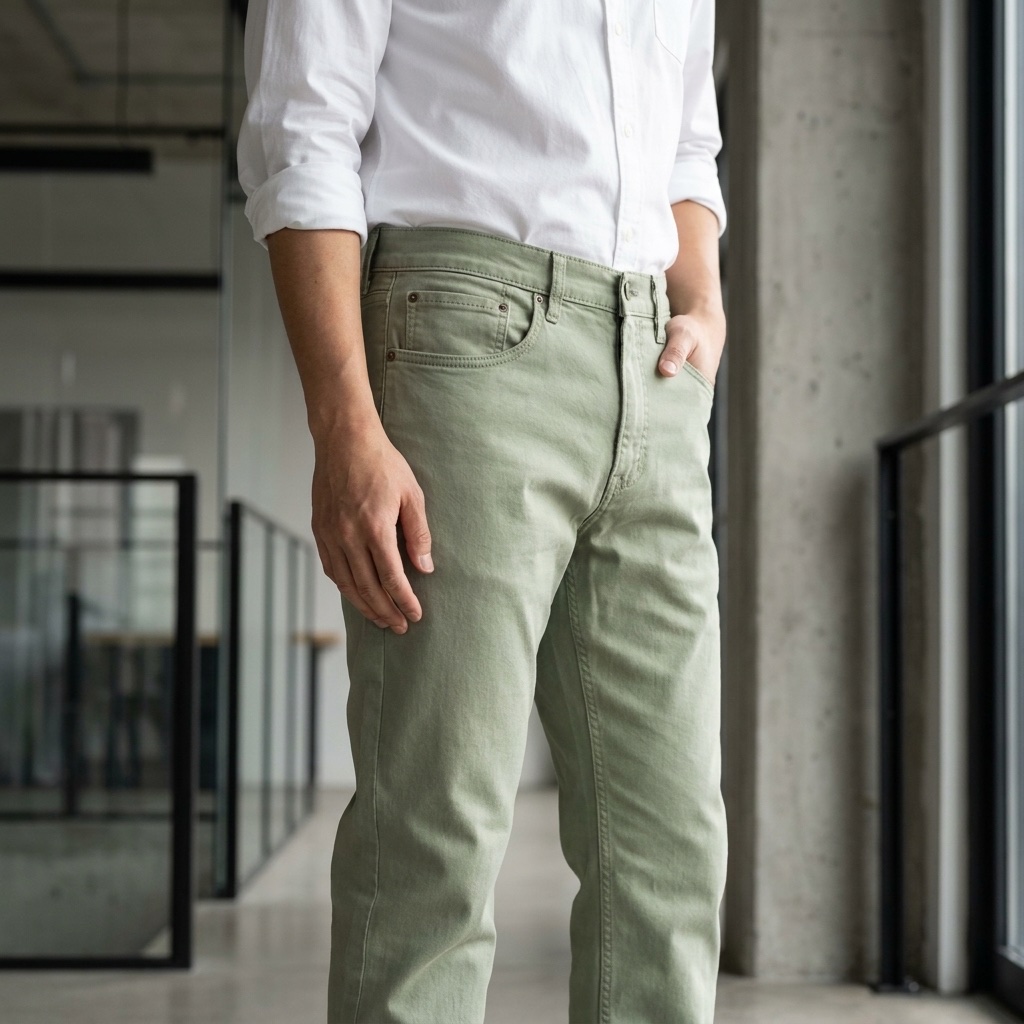 Close detail of sage-green five-pocket cotton trousers