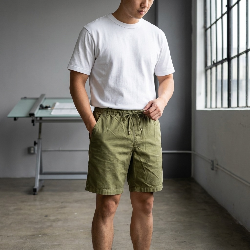 Man wearing olive drawstring cotton shorts in a studio